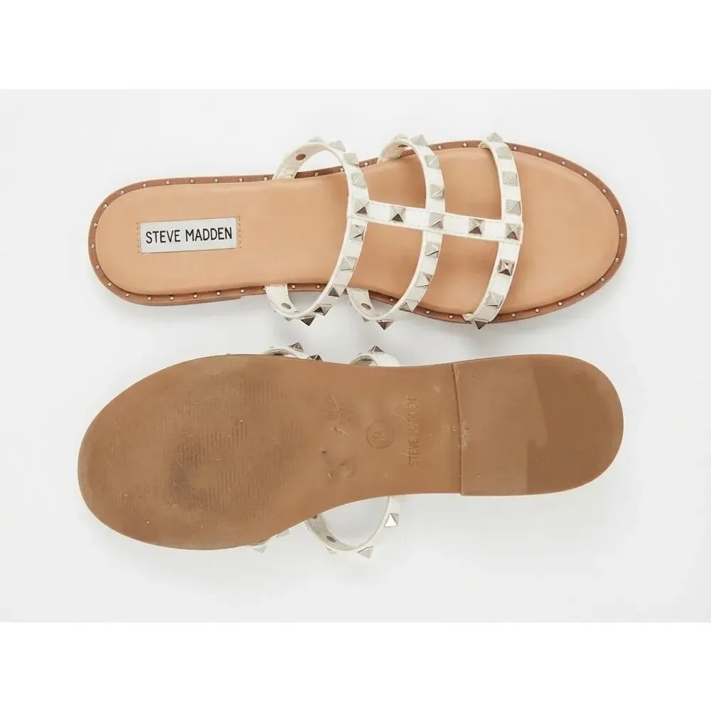 Steve Madden Travel Sz 9 White Silver Pyramid Stud Slide Sandals